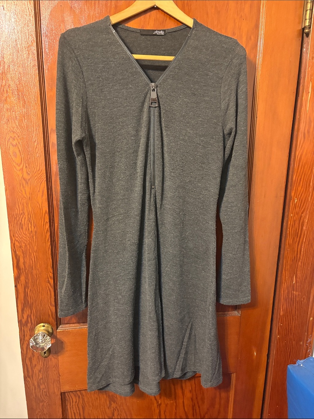 Ariella Charcoal Gray Long-Sleeve Zip-Front Dress